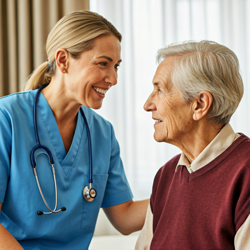 Elderly care professional smiling with senior patient
